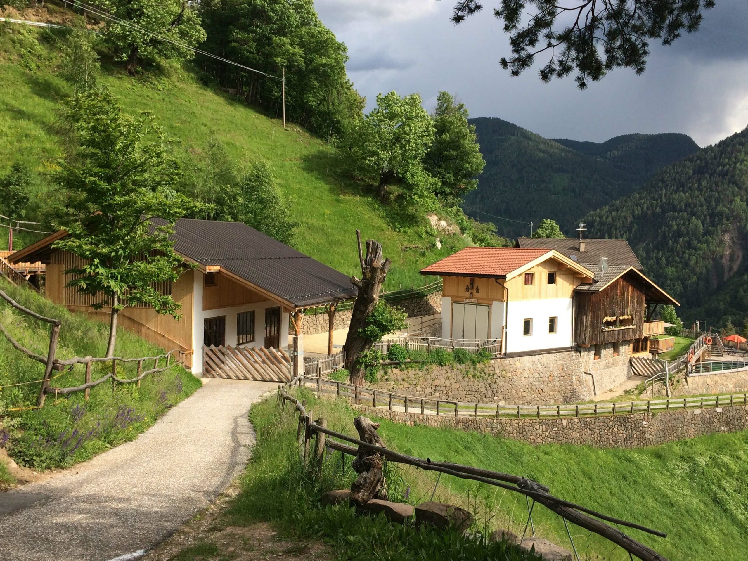 Hofgebäude des Brentwaldhofs mit Holzscheune am grünen Hang, davor der Zufahrtsweg