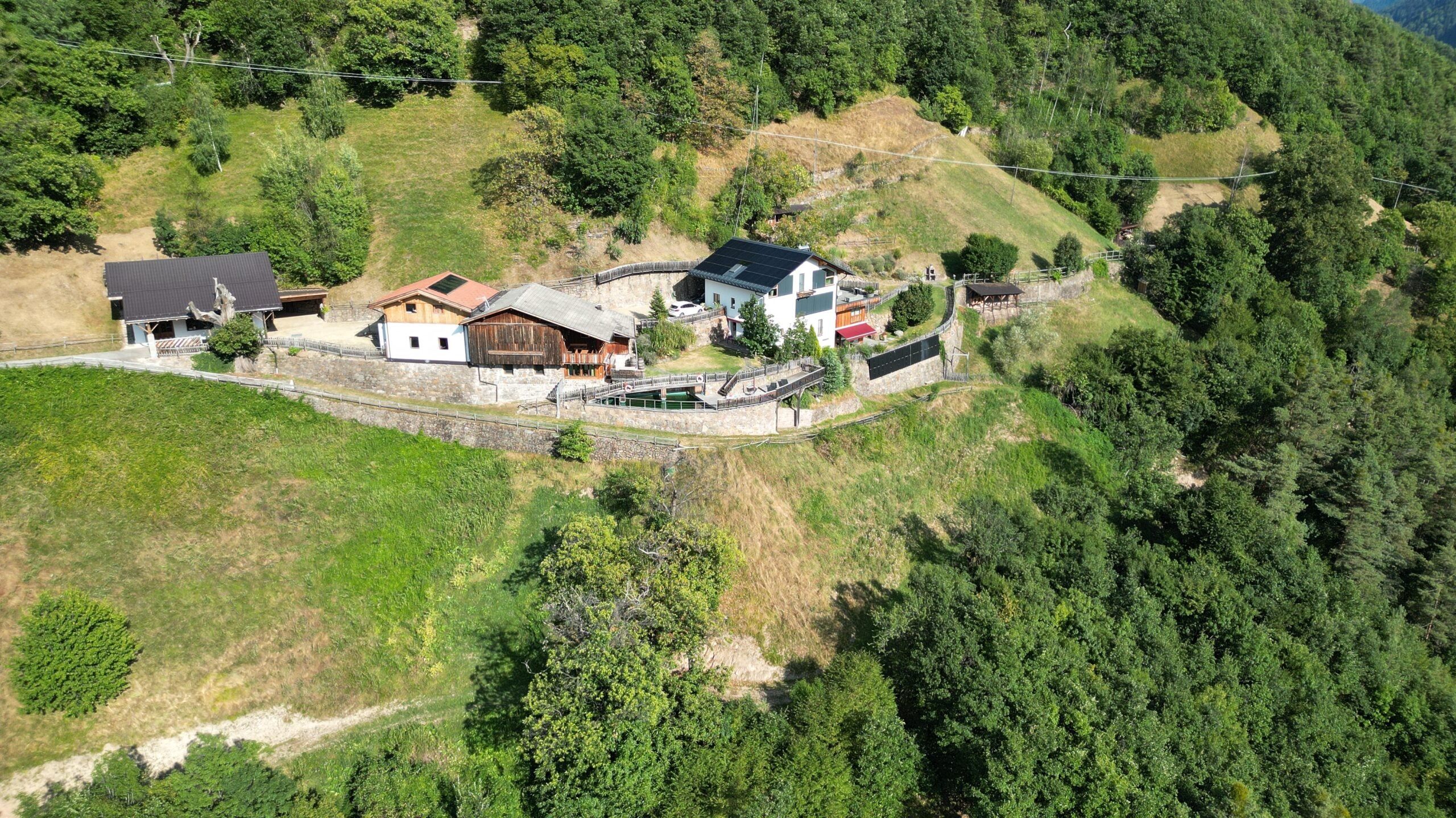 Luftaufnahme des Brentwaldhofs mit seinen Gebäuden am grünen, bewaldeten Hang