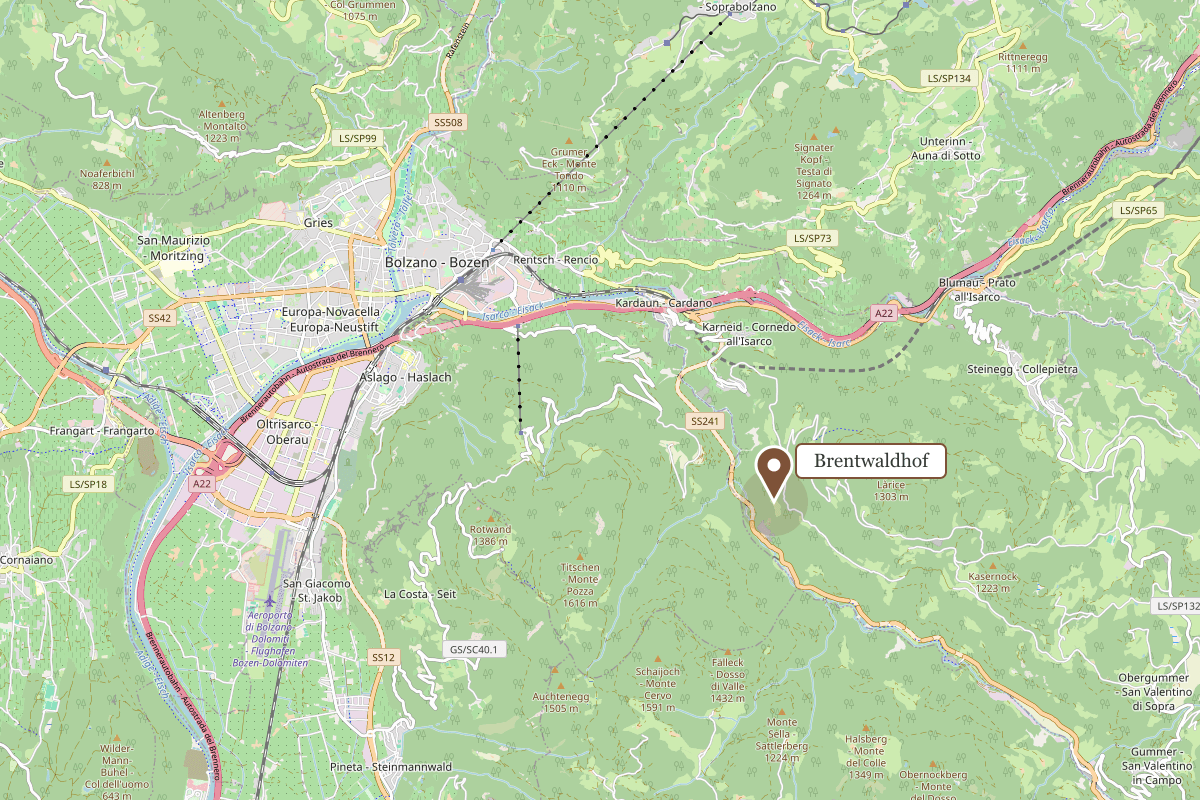 Karte: Lage des Brentwaldhofs südöstlich von Bozen bei Karneid